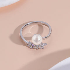 Zircon Leaf Pearl Opening Sterling Silver Ring
