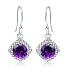 Natural Amethyst Soleste Halo Round Shape Silver Drop Earrings for Women