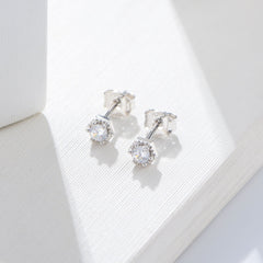 Hexagon with Round Zircon Silver Studs Earrings for Women