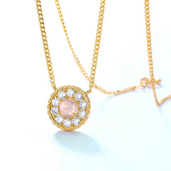 Halo Round Cut Pink Crystal Disc Pendant Necklace
