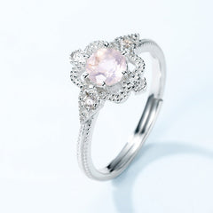 Round Cut Pink Crystal Vintage Flower Opening Silver Ring