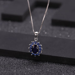 European Design Inlaid Sapphire Pendant Silver Necklace for Women