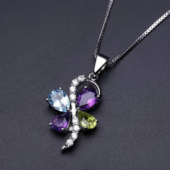 Colourful Mardi Gras-Gemstone Creative Four-leaf Clover Pendant Silver Necklace for Women