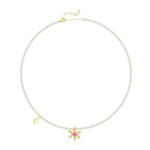 Christmas Red Corundum Snowflake Pendant Pearl Chain Sterling Silver Necklace
