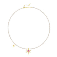 Christmas Red Corundum Snowflake Pendant Pearl Chain Sterling Silver Necklace