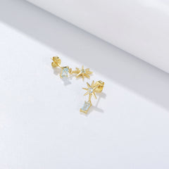 Asymmetric Six-pointed Star with Sky Blue Zircon Silver Drop Earrings for Women