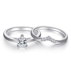 Pear Drop Zircon Solitaire V-shape Silver Ring Set