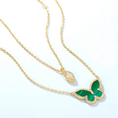Marquise Shape Zircon Malachite Butterfly Double Layer Sterling Silver Necklace