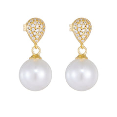 Round Pearl Pendant Zircon Water Droplet Sterling Silver Drop Earrings