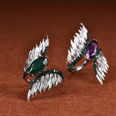 Retro Angel Wing Marquise Shape Natural Gemstones Silver Ring