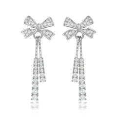 Zircon Bow Tassel Silver Drop Earrings for Women