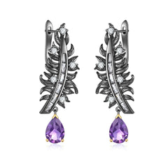 Italian Handmade Craft Inlaid Colourful Gemstone Feather Silver Drop Earrings for Women