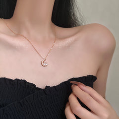 Moon Bunny with Round Zircon Pendant Silver Necklace for Women