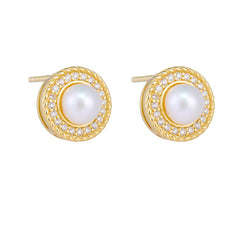 Retro Round Freshwater Pearl Zircon Halo Sterling Silver Stud Earrings