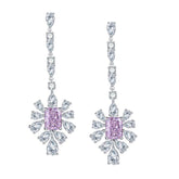 Pink Zircon 7*9mm Rectangle Ice Cut with Chain Annular Petals Silver Drop Earrings for Women