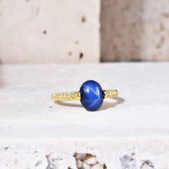 Luxury Six Ray Star Gold Colour Inlaid Red and Sapphire Oval Shape Jewelry S925 Silver Ring for Women