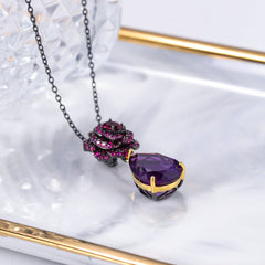Charm Luxury Style Inlaid Gemstones with Natural Amethyst Rose Tears Pendant Silver Necklace for Women