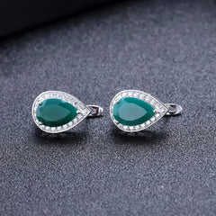 Natural Green Agate Soleste Halo Pear Shape Silver Studs Earrings for Women