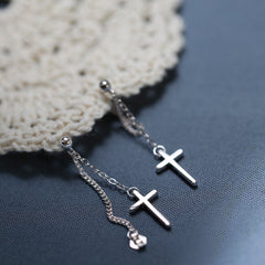 Cross with chain silver drop earrings for women