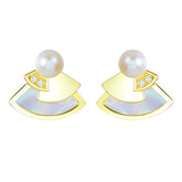 Mother of Pearl Fan Design Pearl Zircon Sterling Silver Stud Earrings