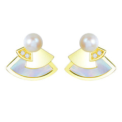 Mother of Pearl Fan Design Pearl Zircon Sterling Silver Stud Earrings
