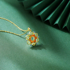 Lotus Pattern Series Blue Zircon Enamel Hollow Flower Pendant Silver Necklace for Women