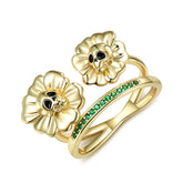 Halloween Golden Skull Head Sunflower Green Zircon Silver Ring