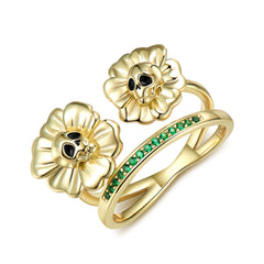 Halloween Golden Skull Head Sunflower Green Zircon Silver Ring