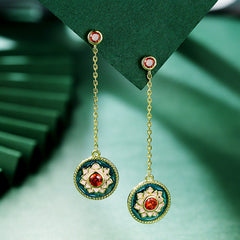 Lotus Pattern Series Enamel with Red Zircon Tassel Silver Drop Earrings for Women