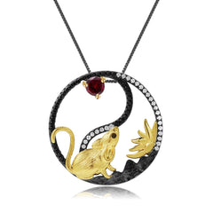 Chinese Style Element Design Zodiac Series Rat Natural Gemstone Pendant Silver Necklace for Women