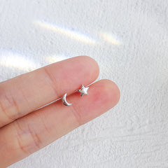 Mini Star Moon Silver Studs Earrings for Women