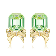 Asscher Cut Green Zircon Golden Bow Silver Stud Earrings