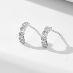 C Shape Honeycomb Round Zircon Silver Stud Earrings