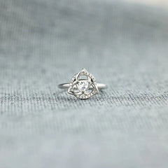 Triangle Zircon Trefoil Flower Opening Sterling Silver Ring