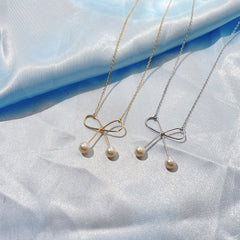 (Two Colours) Simplicity Bowknot with Pearls Pendants 925 Silver Collarbone Necklace for Women