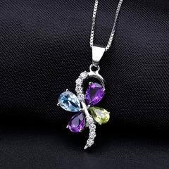 Colourful Mardi Gras-Gemstone Creative Four-leaf Clover Pendant Silver Necklace for Women