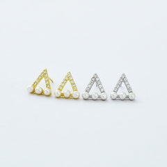 Hollow Zircon Triangle with Pearl Silver Stud Earrings for Women