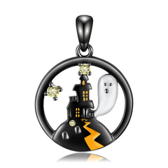 Halloween Ghost Castle Circle Pendant Silver Necklace