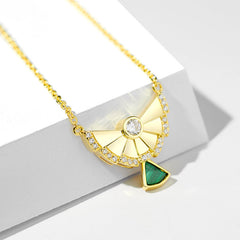 Fan Shaped Pendant Malachite Zircon Sterling Silver Necklace