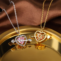 Pink Zircon Cupid Arrow Heart Pendant Silver Necklace for Women