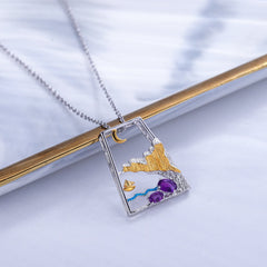 Original Design Inlaid Natural Colourful Gemstone Moonlight Wave Full of Painted Boats High Beauty Pendant Silver Necklace for Women