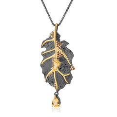Italian Jewelry Design Brooch Pendant Dual-use Inlaid Natural Crystal Leaf Pendant Silver Necklace for Women