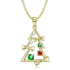 Bowknot Christmas Tree Zircon Pearl Silver Necklace
