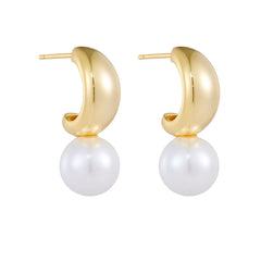 C Shaped Round Pearl Sterling Silver Drop Earrings