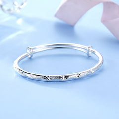 Flower Pattern Frosting Push Pull Silver Bracelet for Women