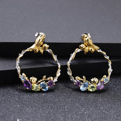 Bird In Garden Circle Silver Studs Earrings for Women