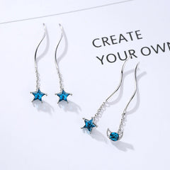 Blue Zircon Star Moon Asymmetric Ear Line Silver Drop Earrings for Women
