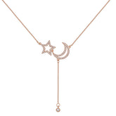 Zircon Hollow Moon and Star Tassel Silver Necklace for Women
