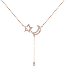Zircon Hollow Moon and Star Tassel Silver Necklace for Women