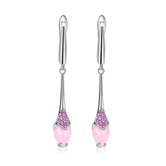 Italian Design Inlaid Pink Chalcedony Long Style Silver Drop Earrings for Women
